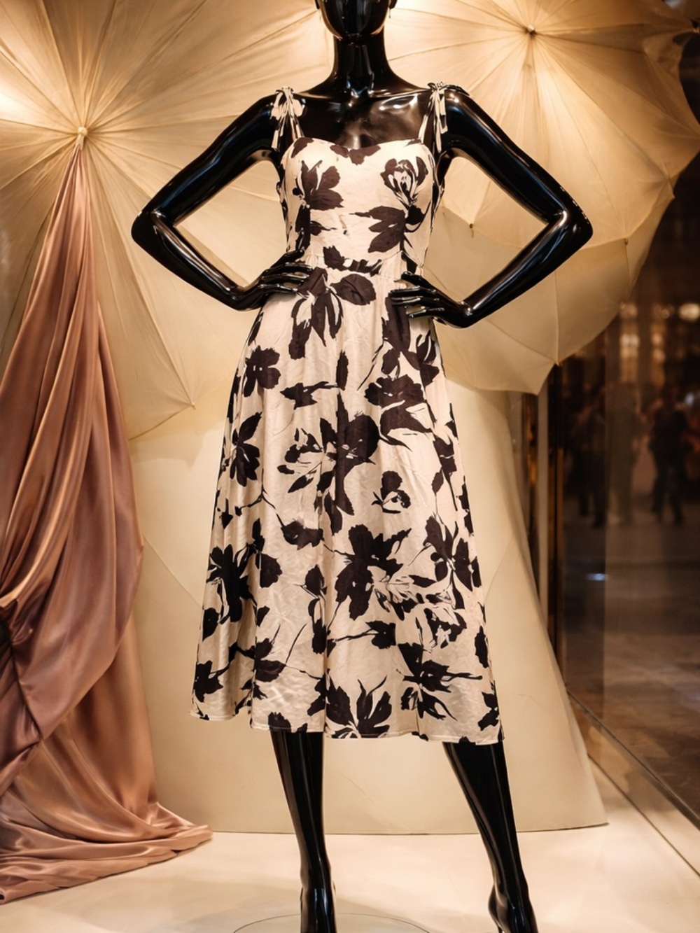 Tie-Shoulder Midi Dress in Cream with Black Floral Print